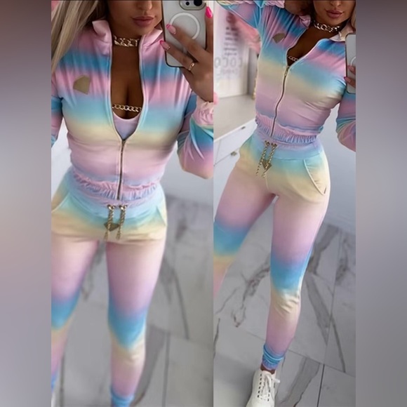 Gold Link Chain Ombre Matching 3 Piece Women’s Velvet Tank Top Velour Tracksuit - Picture 8 of 9